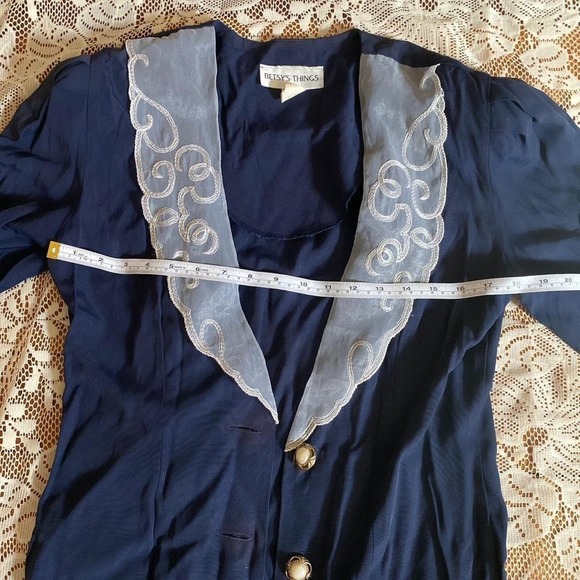 Betsys Things Vintage Navy Blue Midi Dress Embroidered Collar Pearl Button Front - Picture 3 of 4